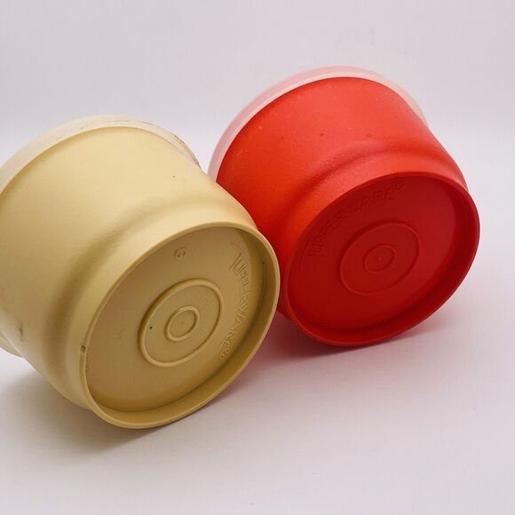 Vintage Tupperware Orange and Tan Round Snack Storage Cups With Lids - Set Of 2 - Picture 3 of 5